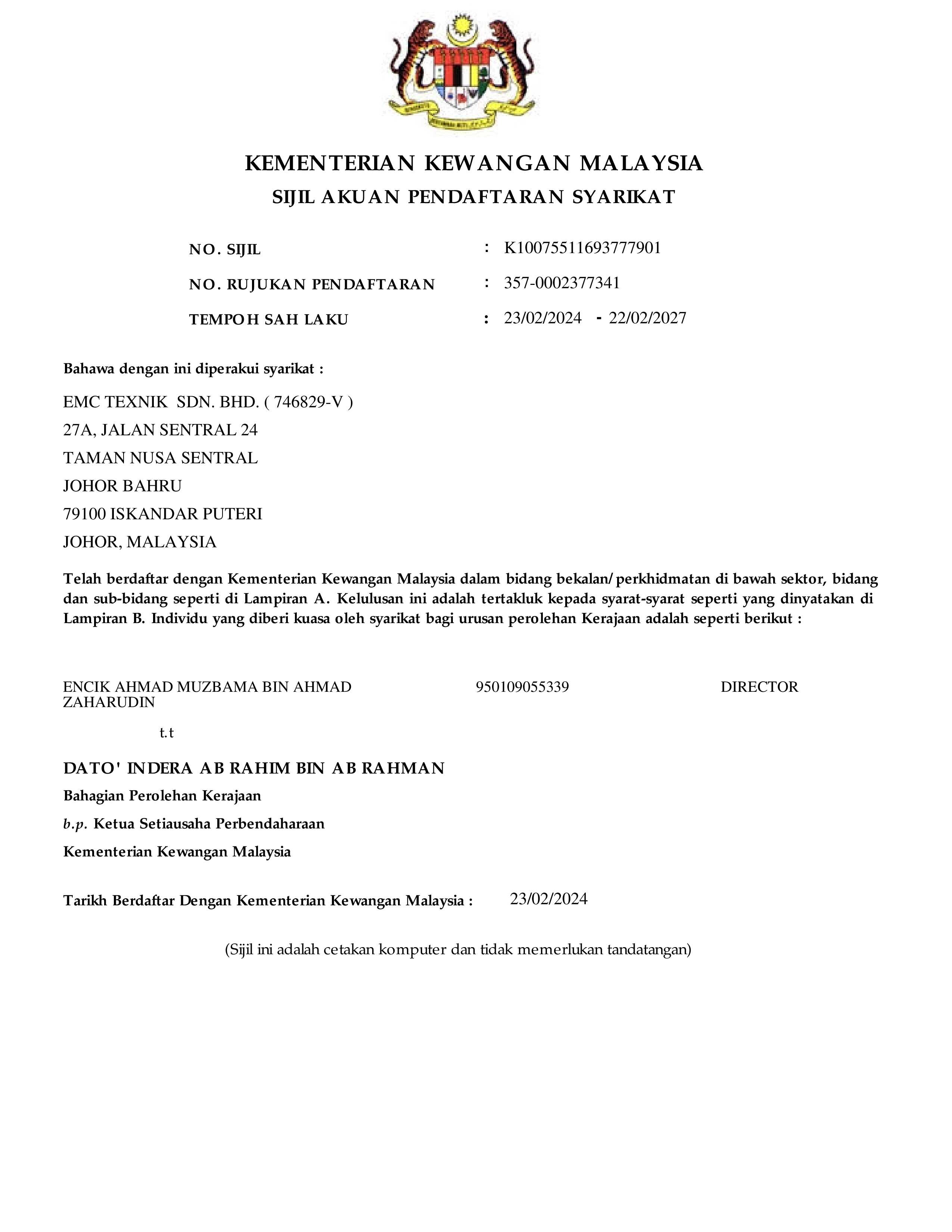 MOF Registered Electrical Company Johor
